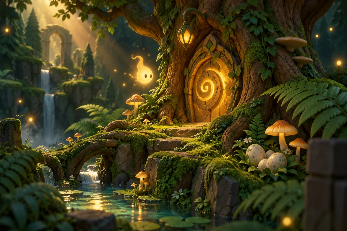 Original illustration of a golden forest spirit beside an enchanted tree and speckled eggs.